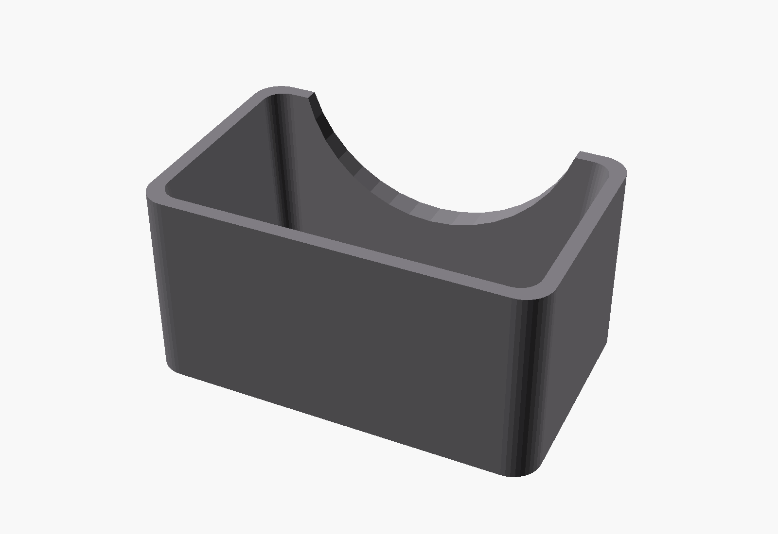 CAD render of a 3D printed stackable storage bin with front scoop