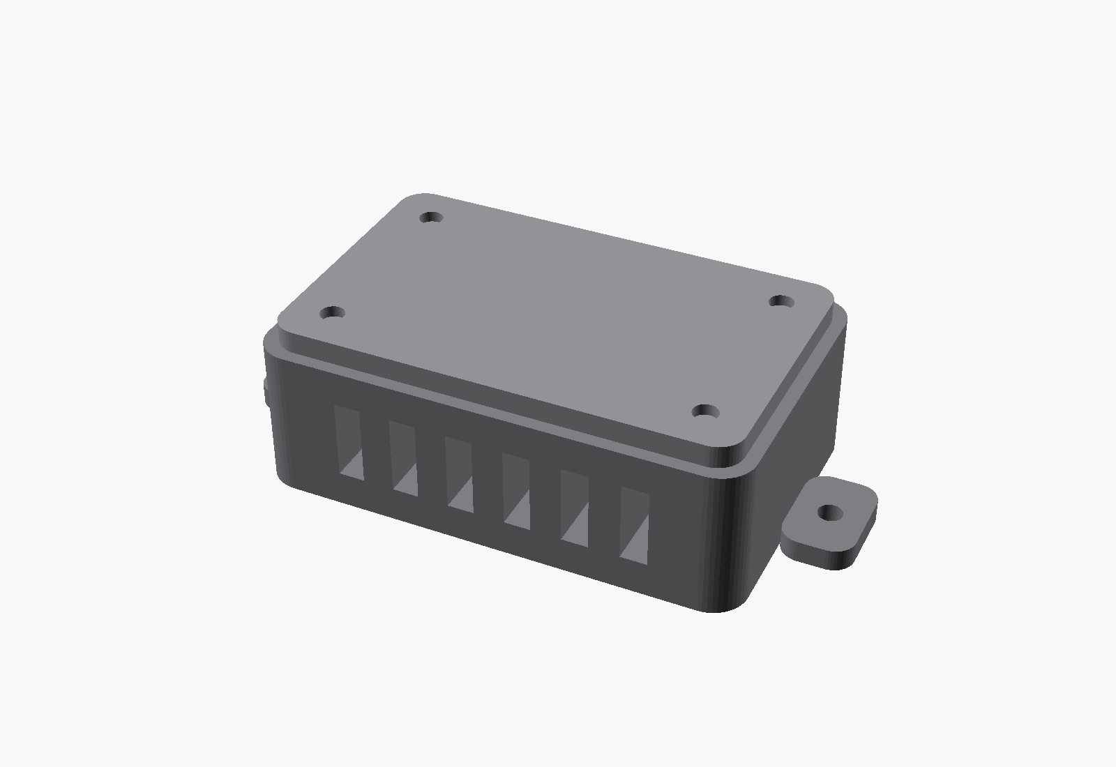 CAD render of a vented 3D printed PETG electronics enclosure with mounting ears