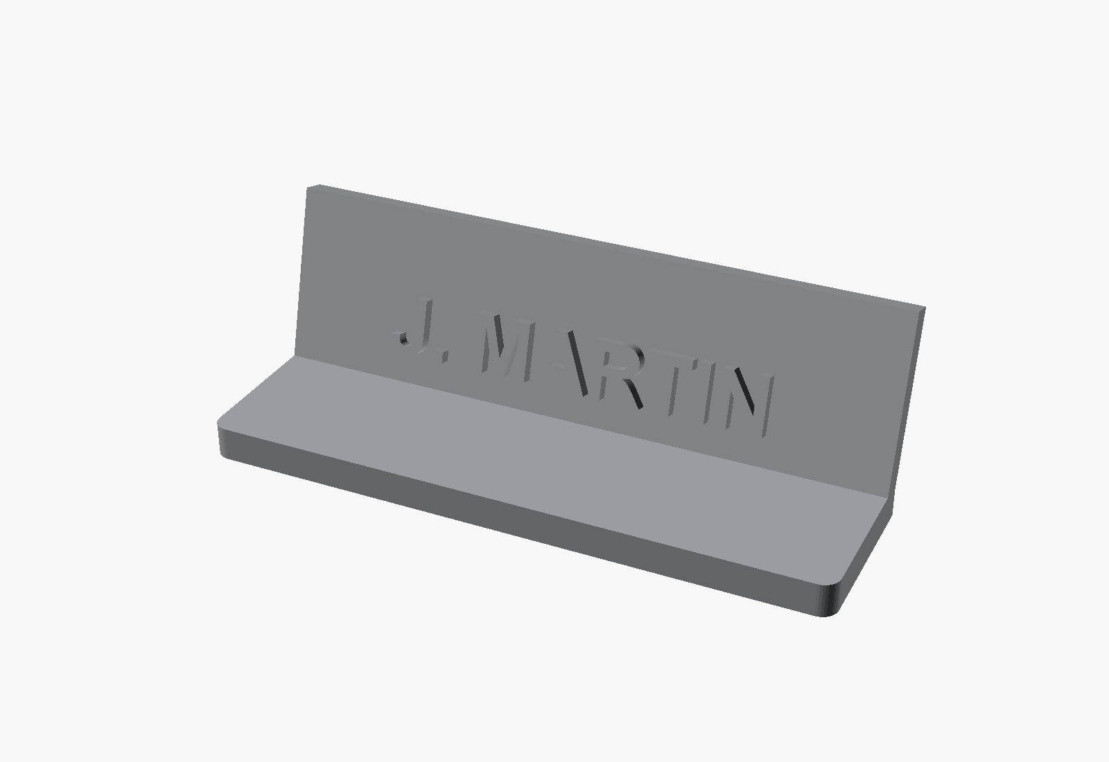 CAD render of a 3D printed desk nameplate with raised lettering